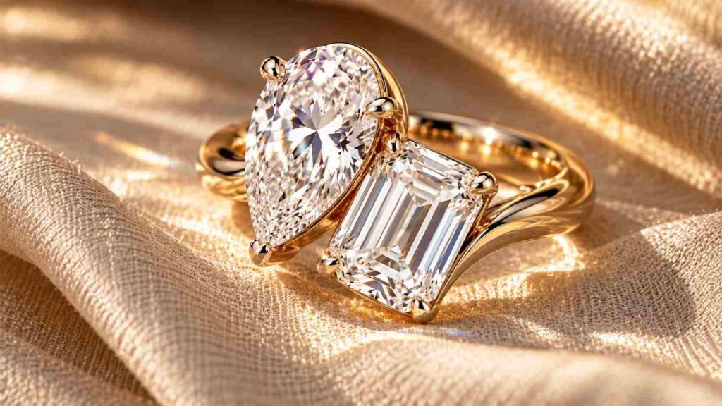 A bespoke Toi et Moi ring pairing a pear-cut and emerald-cut diamond on a curved gold band.