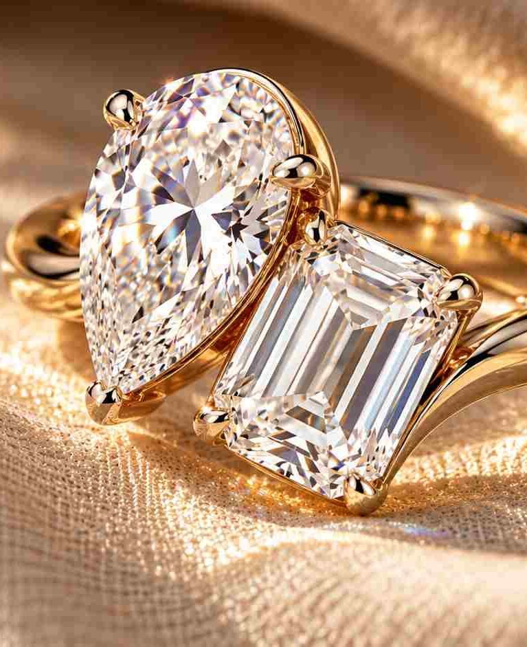 A bespoke Toi et Moi ring pairing a pear-cut and emerald-cut diamond on a curved gold band.